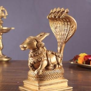 Brass Superfine Nandi with Vasuki Naag Idol | 6" Height | Antique Polish | Sacred Hindu Art | Traditional Collection | Divine Protection | Jaipurio